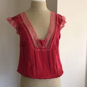 Free People red silk and lace top